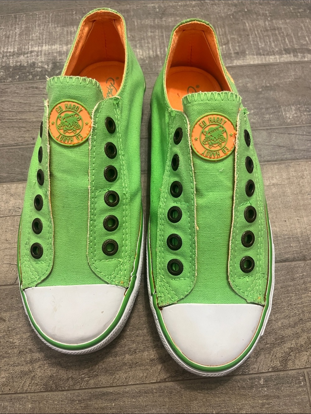 Ed Hardy Kids Slip-On Canvas Sneakers in Neon Green with Orange Accents